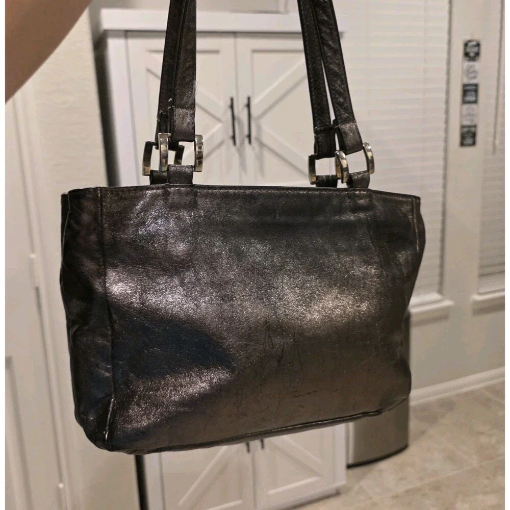 Vintage SHS Metallic Black Textured Leather Multi-Zip Shoulder Bag